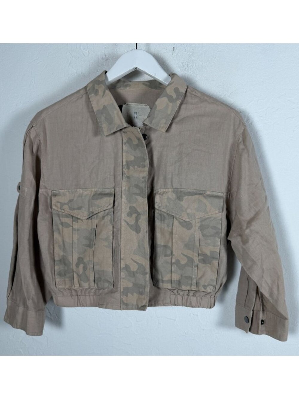 HEI HEI Anthropologie Womens Tan Camo Cropped Utility Jacket Linen Blend XS